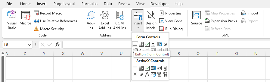 View of adding a button from the Developer tab in Excel