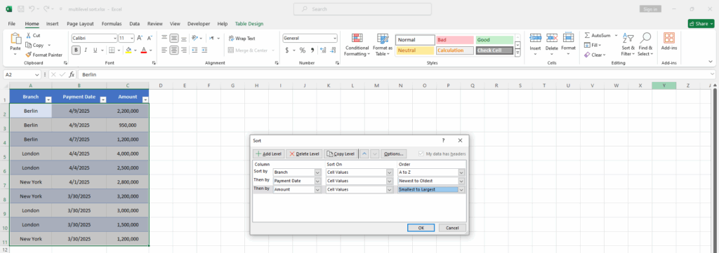 Image of the Sort window with three sort levels in Excel