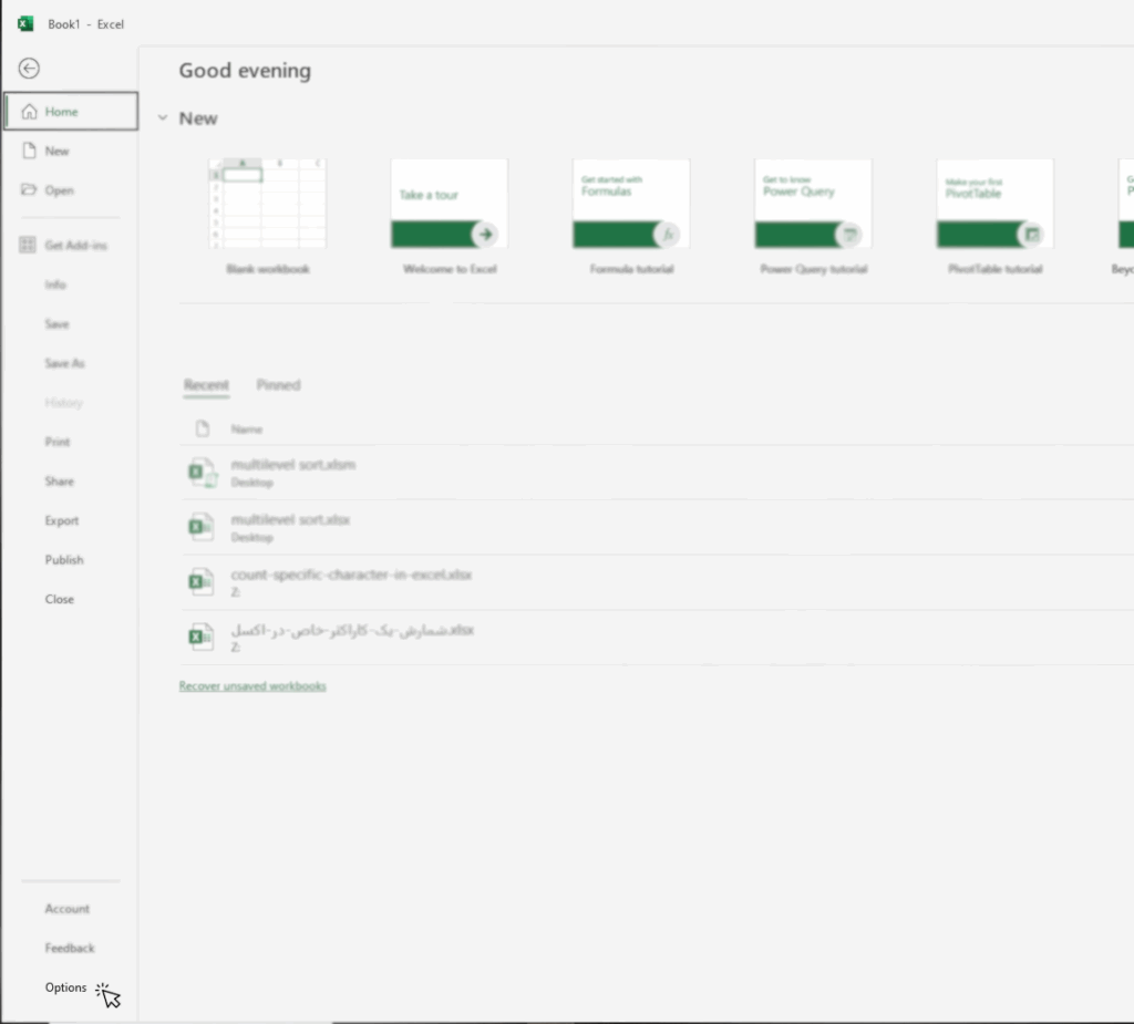 User guide for clicking the Options item in Excel's File menu when activating the Developer Tab