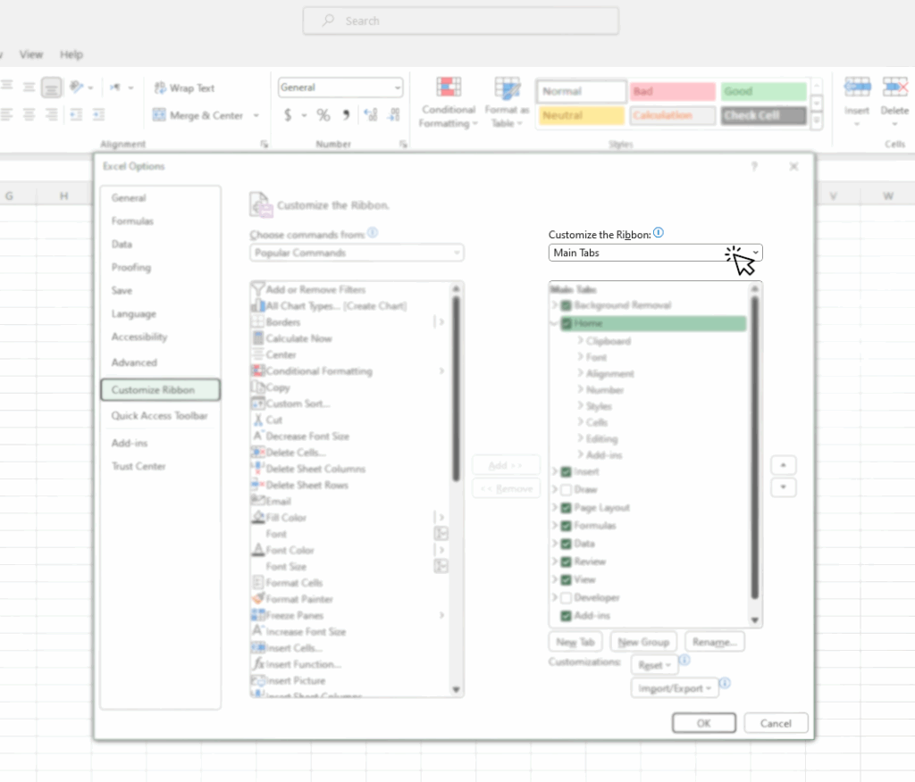 User guide for selecting the Customize Ribbon option in the Excel Options window and setting Main Tabs