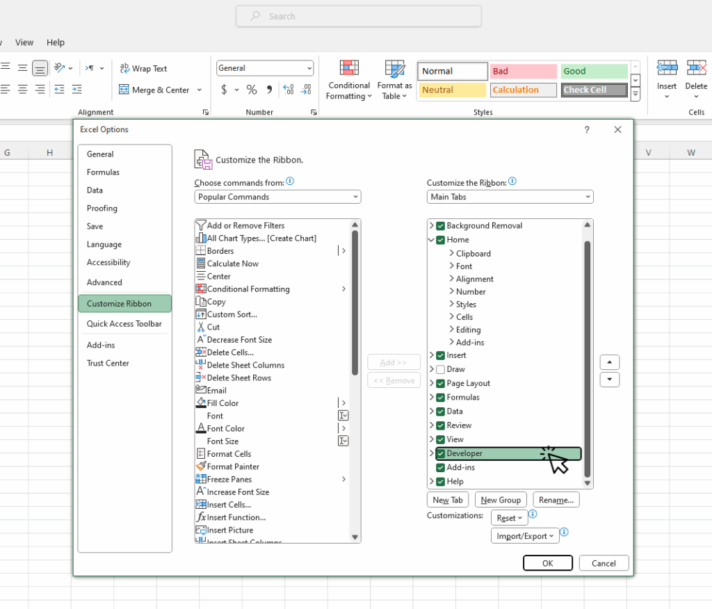 User guide for clicking the checkbox next to the Developer option and enabling it in Excel