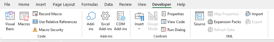 Display of the activated Developer Tab in Excel after clicking OK in the Excel Options window