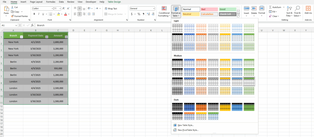 Format as Table dropdown menu in the Excel Home tab