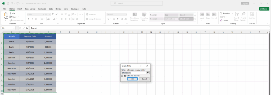 "Create Table" window for selecting the data range