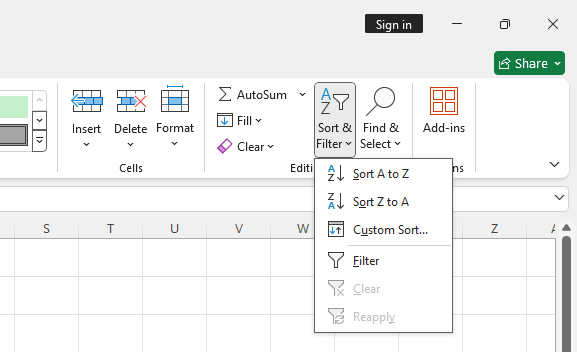 Image of the Sort & Filter dropdown menu in the Excel Home tab